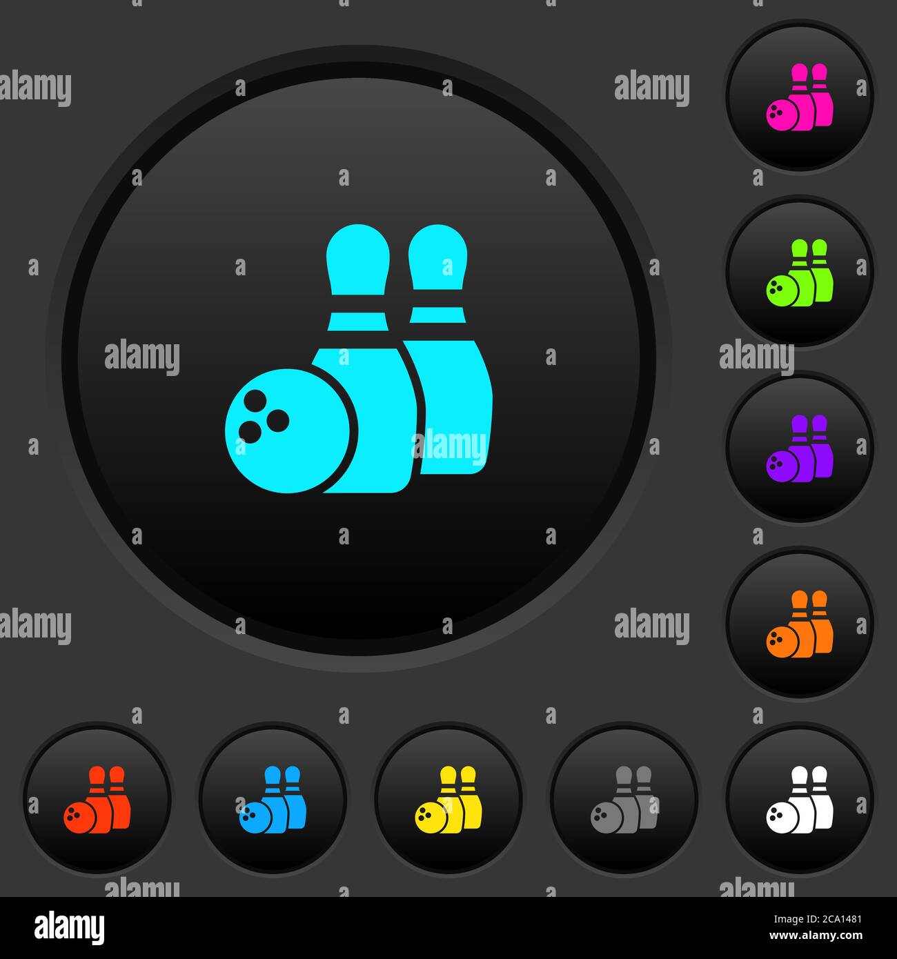 Bowling dark push buttons with vivid color icons on dark grey ...
