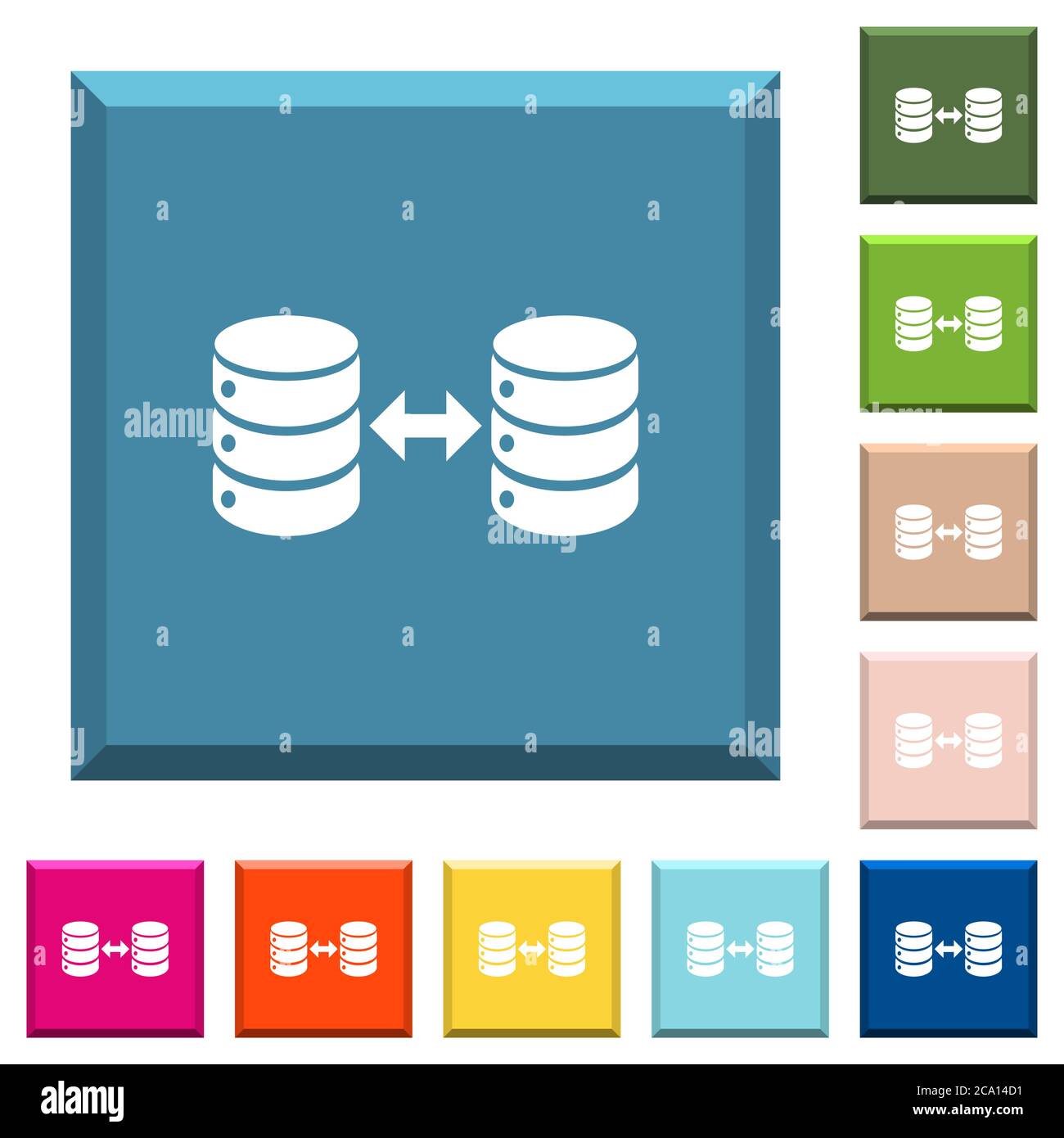 Syncronize databases white icons on edged square buttons in various trendy colors Stock Vector