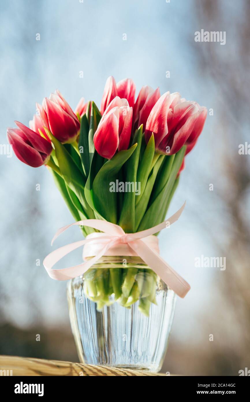 A bouquet of fresh pink tulips in a glass vase outdoors. Bunch of flowers  Stock Photo - Alamy