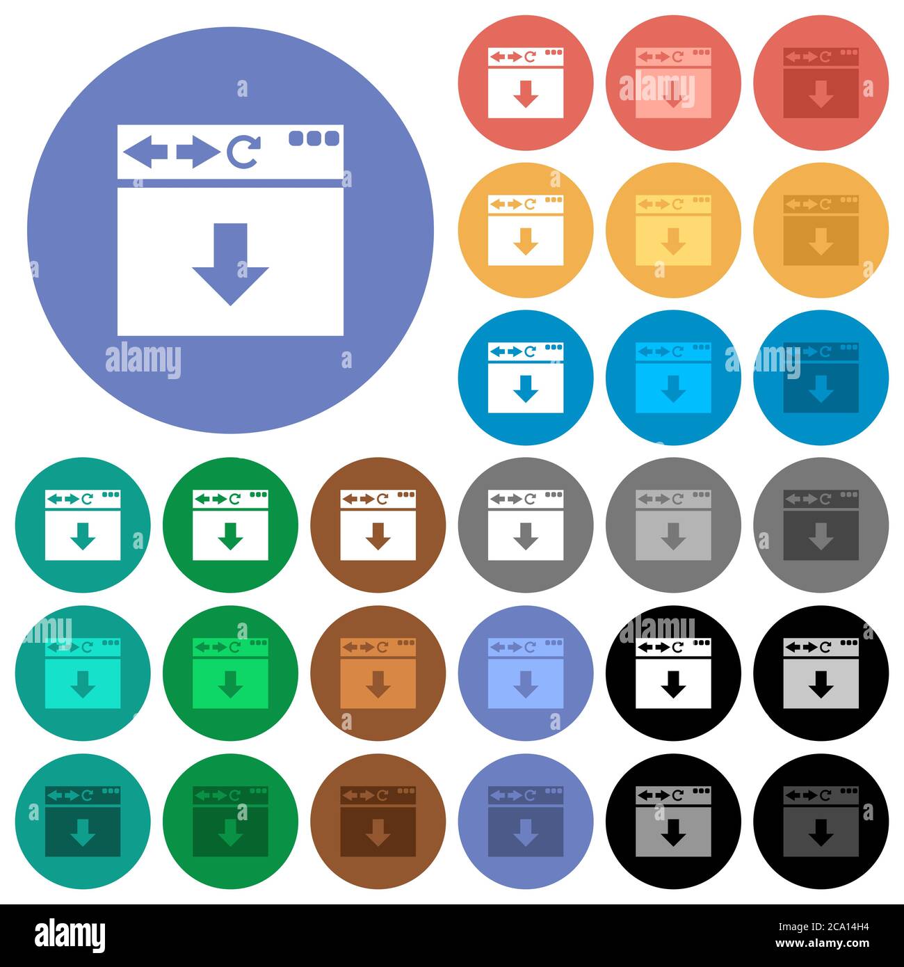 Browser scroll down multi colored flat icons on round backgrounds. Included white, light and dark icon variations for hover and active status effects, Stock Vector