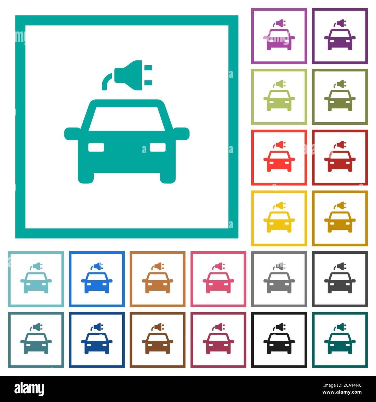 Electric car with connector flat color icons with quadrant frames on white background Stock Vector
