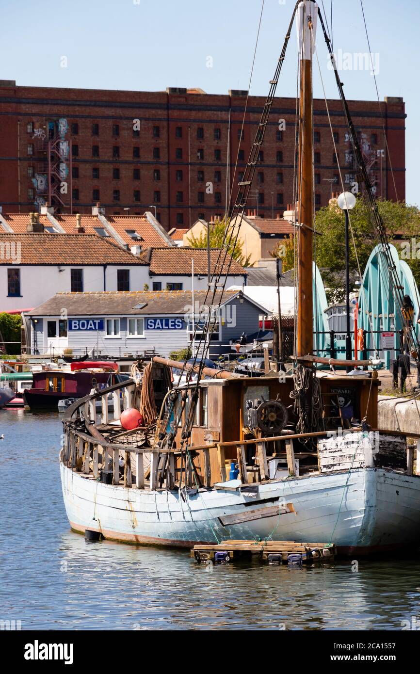 The Svanskar, traditional Swedish fishing boat needing restoration at Pooles Wharf, Bristol, England. July 2020 Stock Photo