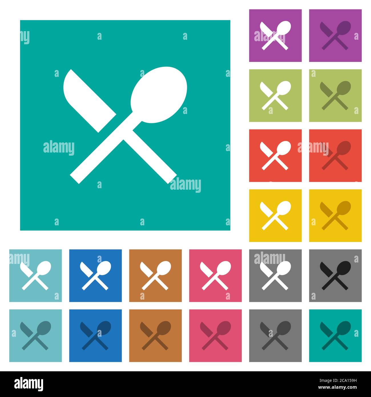 Dining multi colored flat icons on plain square backgrounds. Included white and darker icon variations for hover or active effects. Stock Vector