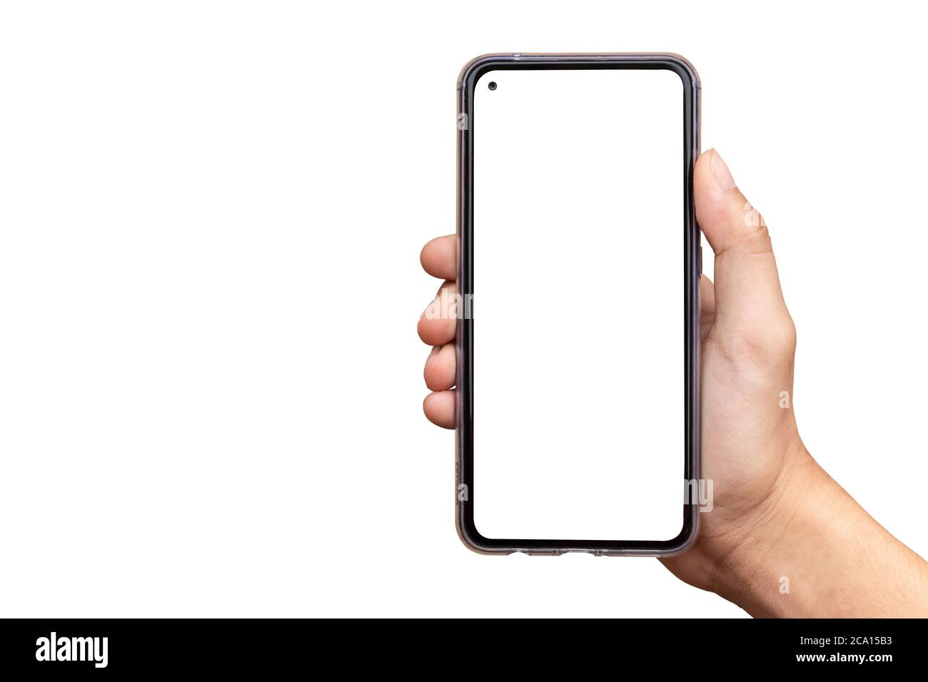 Man hand holding black smart phone with blank screen isolated on white ...
