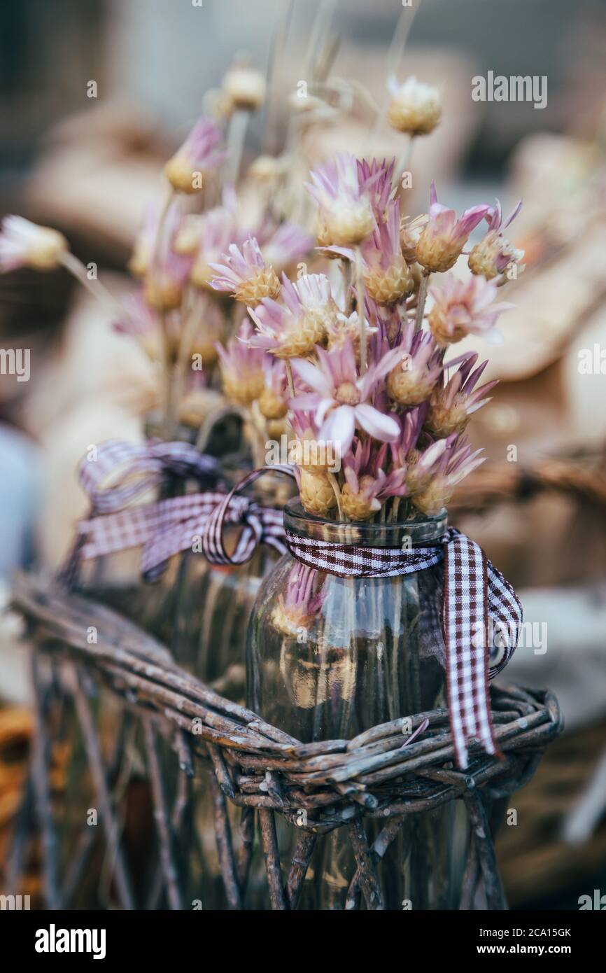 Little bouquet of dry immortelle wild flowers in violet, pink colors in small glass vases outdoors. Bunch of flowers Stock Photo