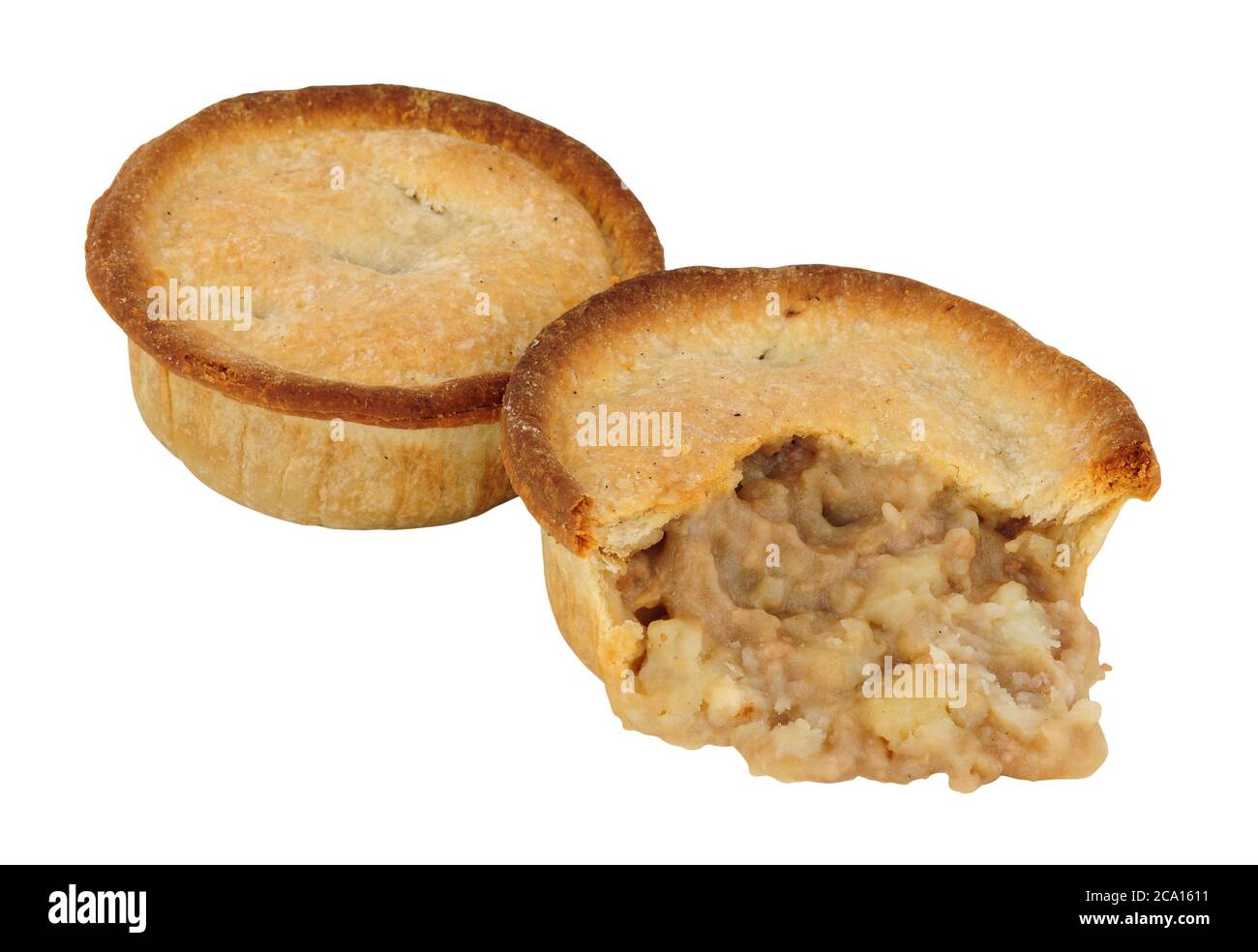Baked savoury potato and meat filled pies with shortcrust pastry