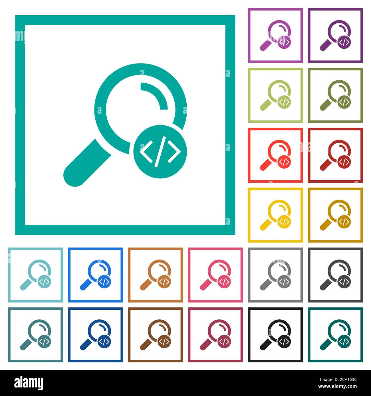 Search programming code flat color icons with quadrant frames on white background Stock Vector