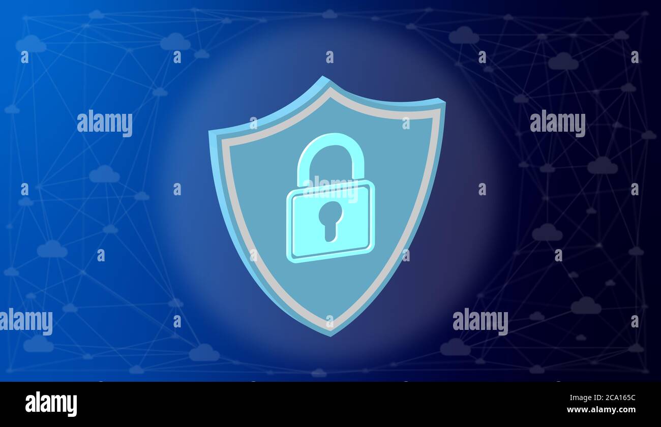 Cyber security concept shield with lock on blue background and ...