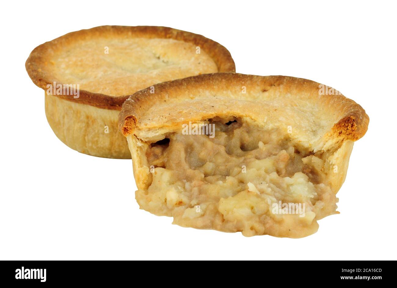 Baked savoury potato and meat filled pies with shortcrust pastry