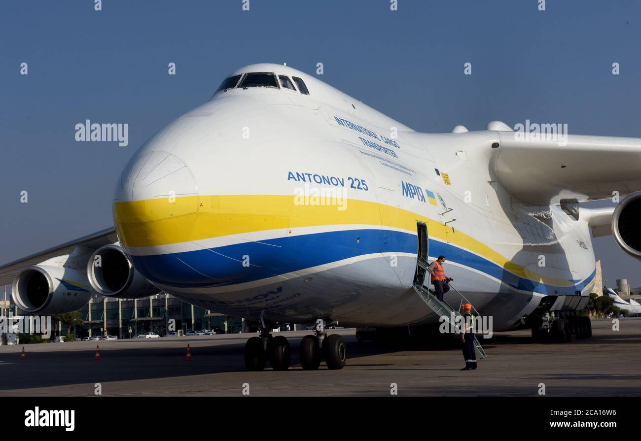 Lod, Israel. 03rd Aug, 2020. The world's largest aircraft carrier, an Antonov An-225, lands at Ben Gurion Airport, in Lod, near Tel Aviv, on Monday, August 3, 2020. The Ukrainian cargo plane is carrying U.S. military Oshkosh trucks to be fitted with the Israeli Rafael's Iron Dome missile defense systems. The Iron Domes will be used to defend U.S. troops against a range of ballistic threats. Photo by Debbie Hill/UPI Credit: UPI/Alamy Live News Stock Photo