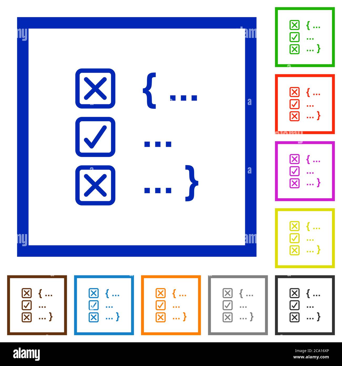 Source code checking flat color icons in square frames on white ...