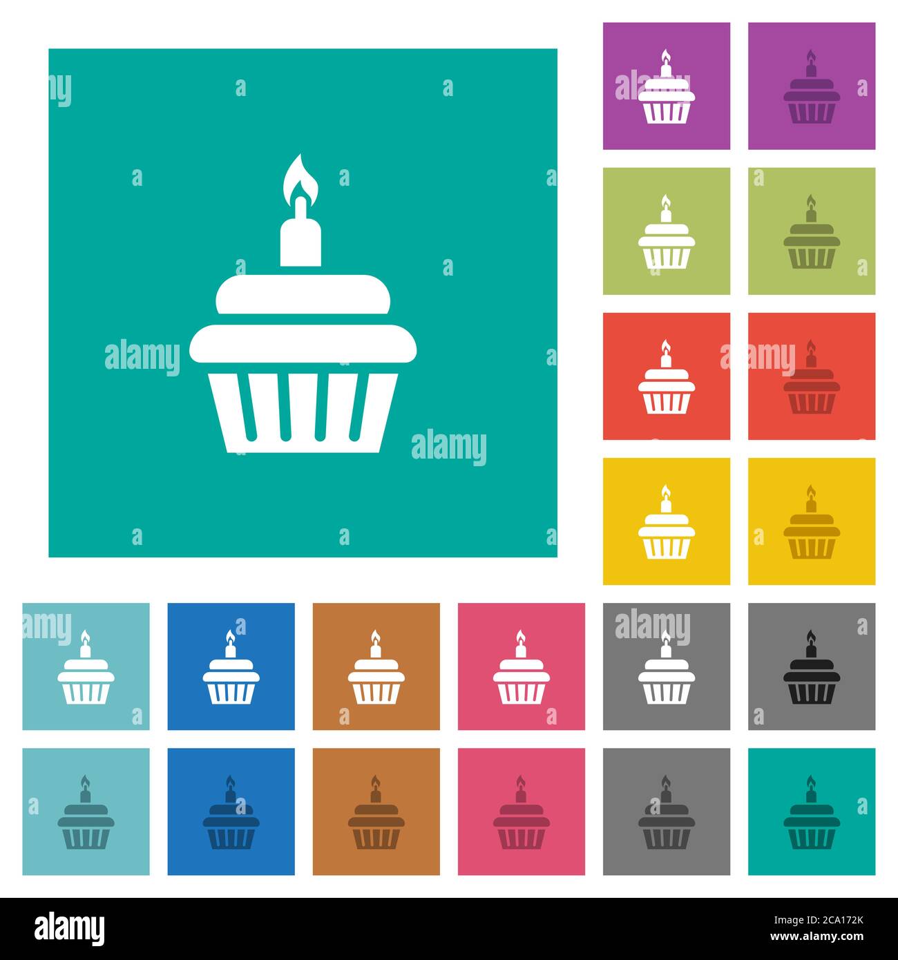 Birthday cupcake multi colored flat icons on plain square backgrounds. Included white and darker icon variations for hover or active effects. Stock Vector
