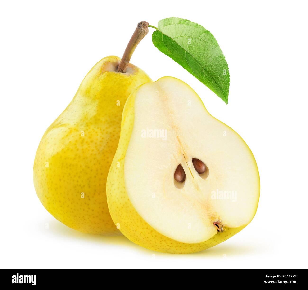 Yellow pears cut in half isolated on white background Stock Photo
