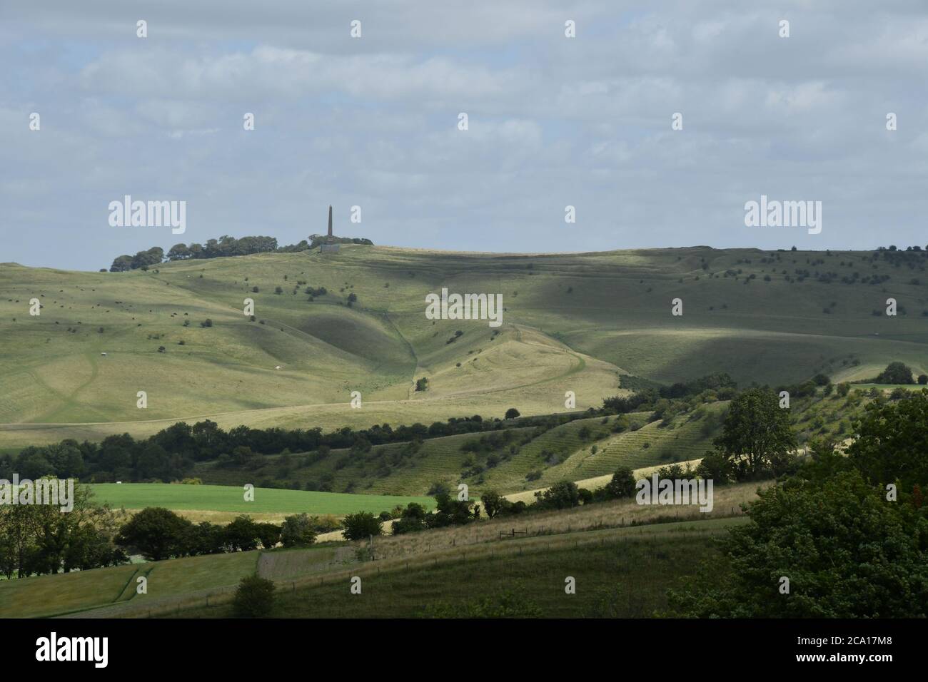 View from Morgans Hill towards the Lansdowne monument on Cherhill Down with Calstone Down in the foreground,Wiltshire.UK Stock Photo