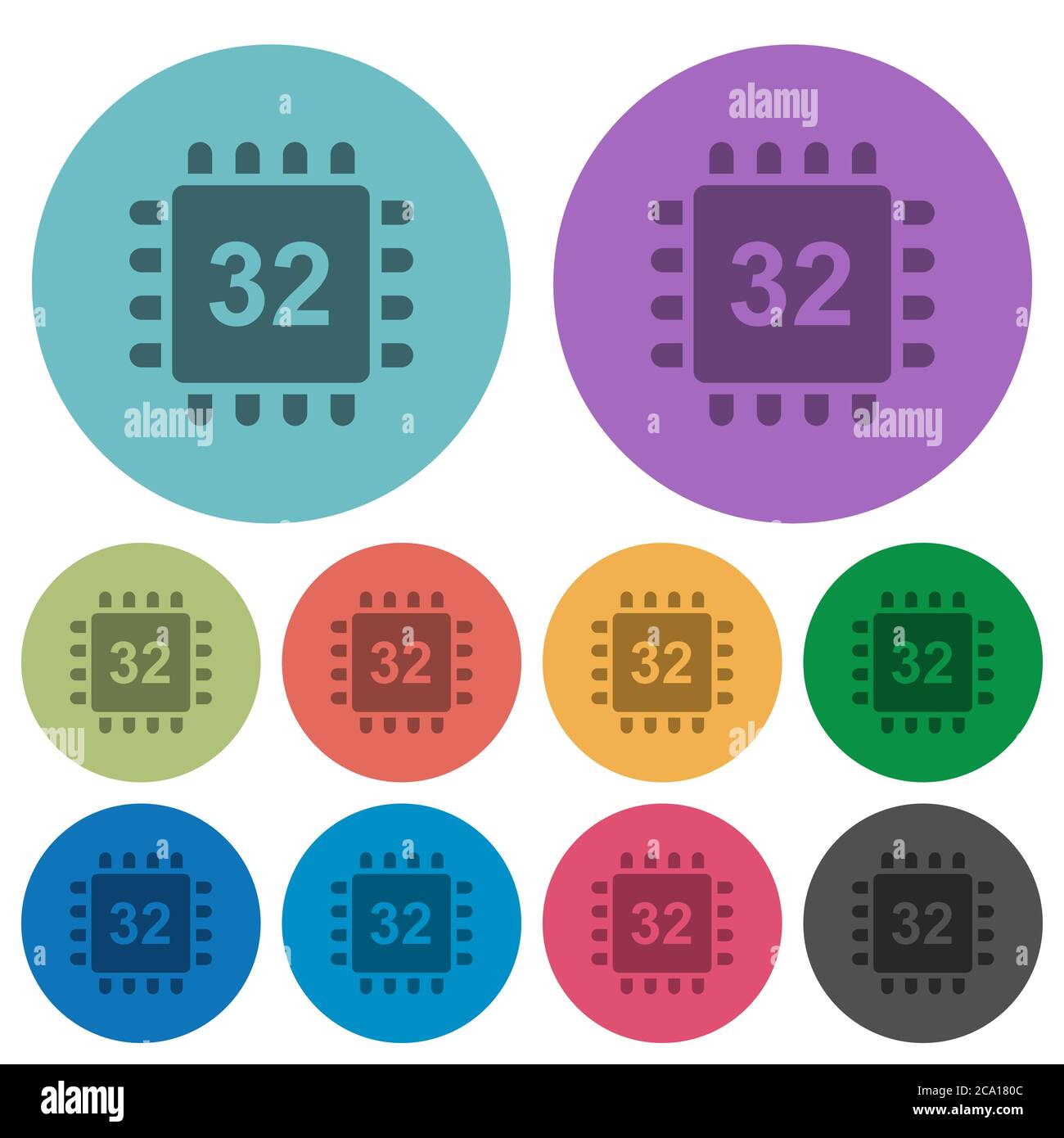 Microprocessor 32 bit architecture darker flat icons on color round background Stock Vector