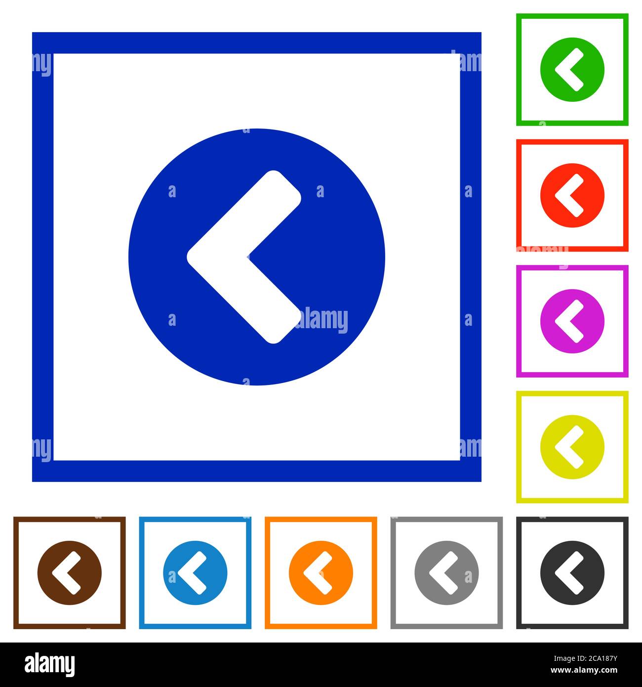 Chevron left flat color icons in square frames on white background Stock Vector