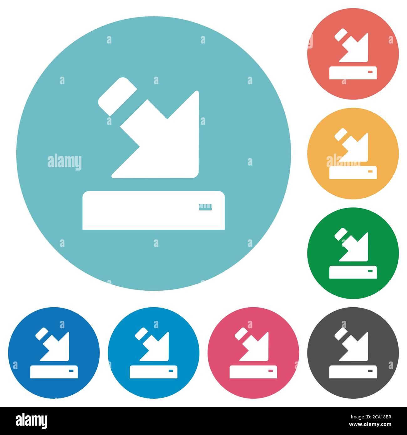 Import to device flat white icons on round color backgrounds Stock ...
