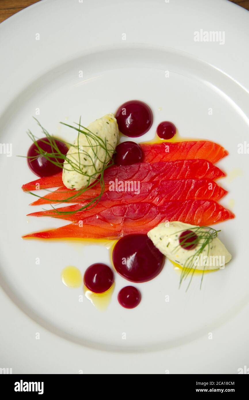 Mackerel pate with smoked salmon and beetroot puree Stock Photo Alamy