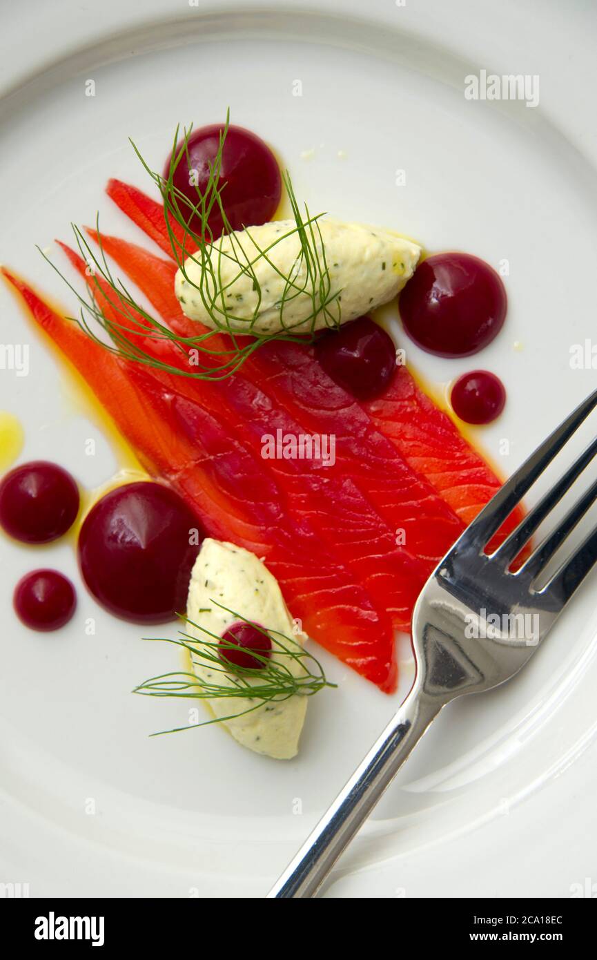 Mackerel pate with smoked salmon and beetroot puree Stock Photo Alamy