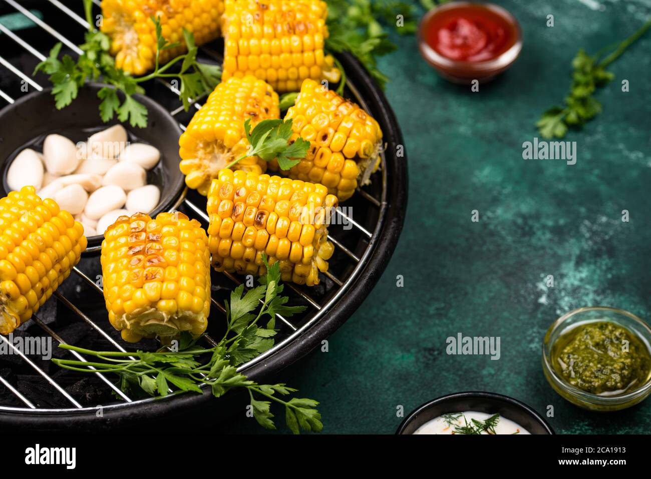Grilled corn. Summer vegan food Stock Photo