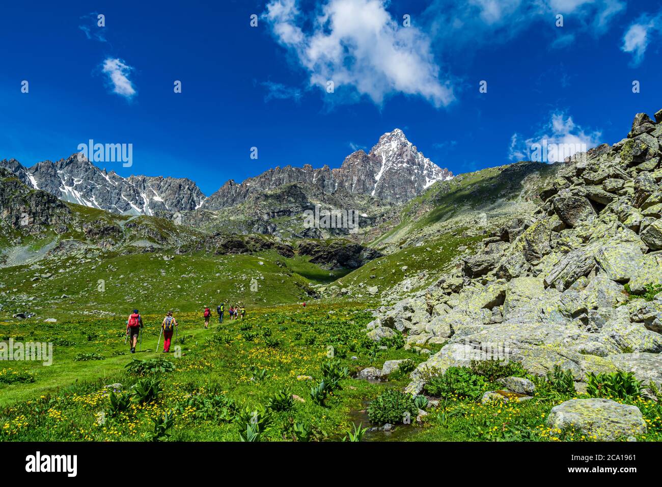 Monviso, also called King of Stone, is the most important mountain in the Cottian Alps and is a destination for hikers from all over the world Stock Photo