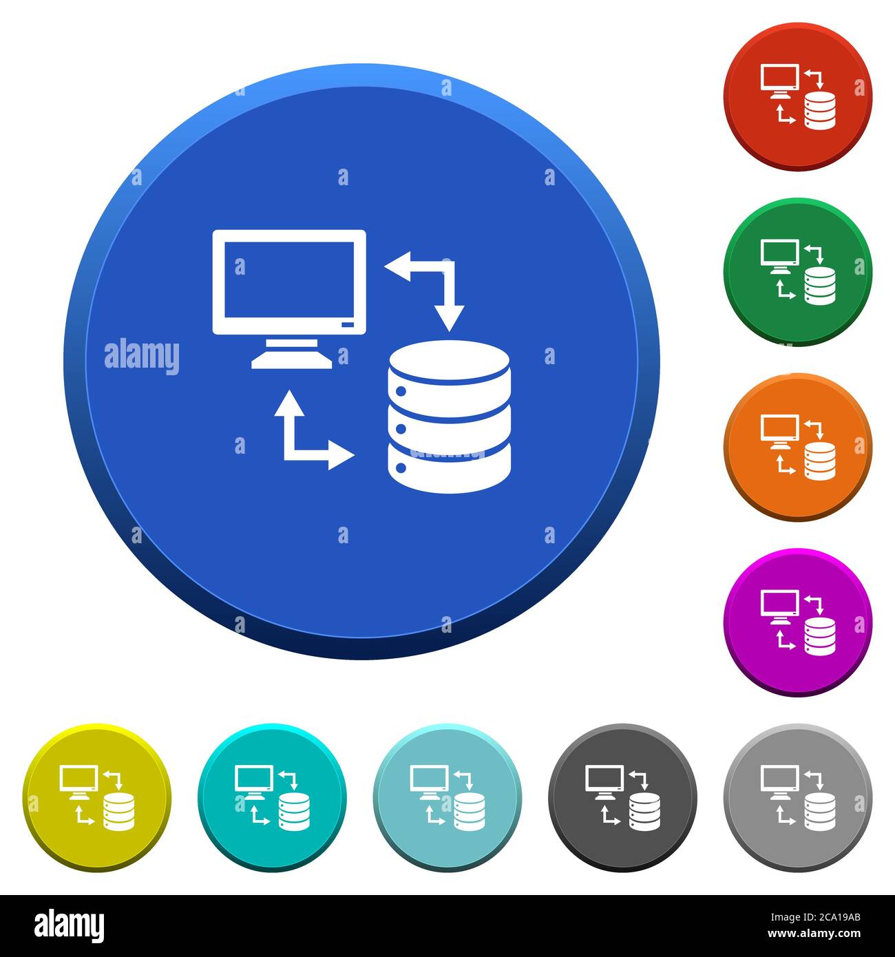Syncronize data with database round color beveled buttons with smooth surfaces and flat white icons Stock Vector