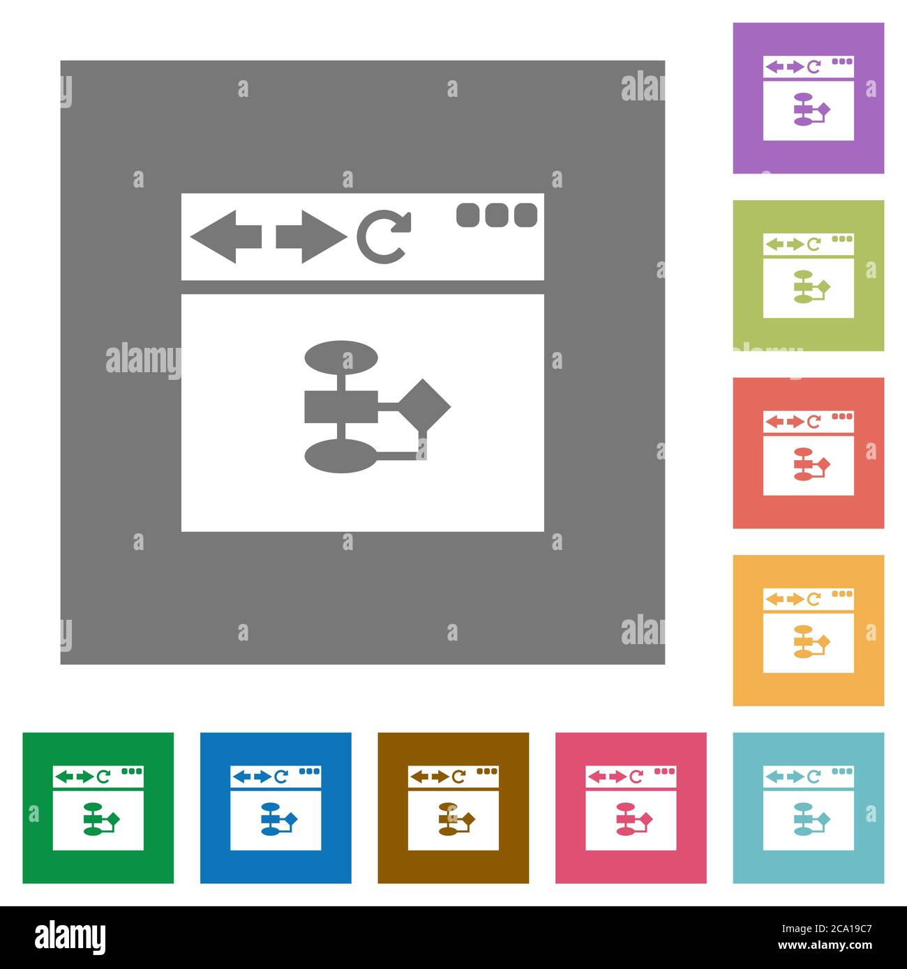 Browser flow chart flat icons on simple color square backgrounds Stock Vector