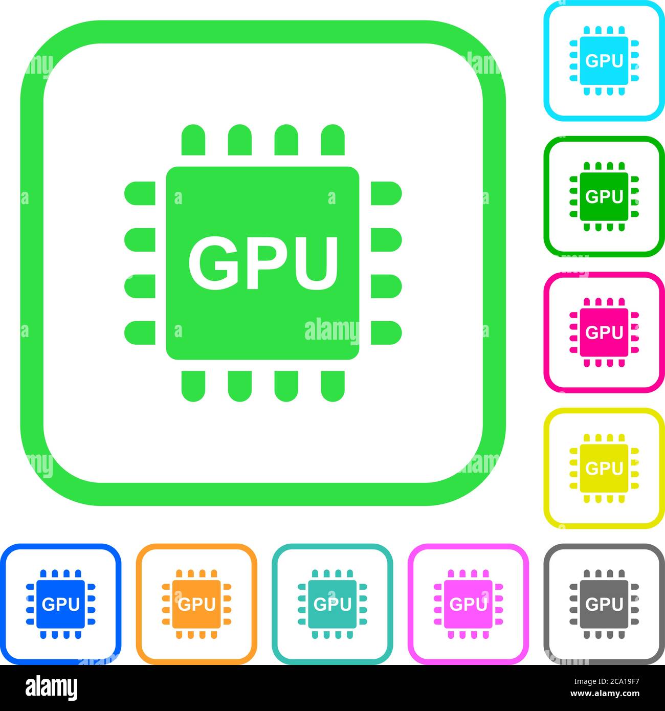 Graphics processing unit vivid colored flat icons in curved borders on white background Stock Vector