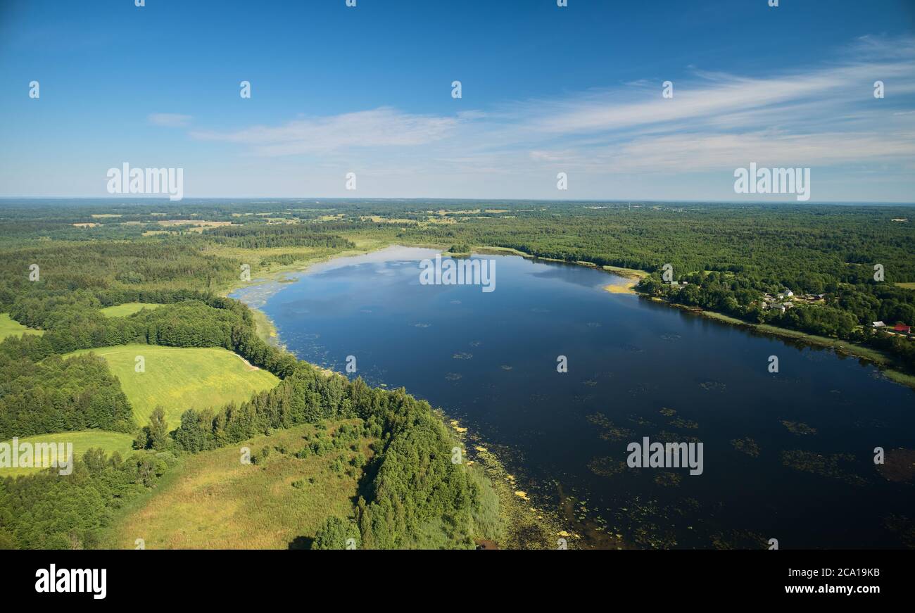 Pond in foresty background aerial drone view with blue sky Stock Photo