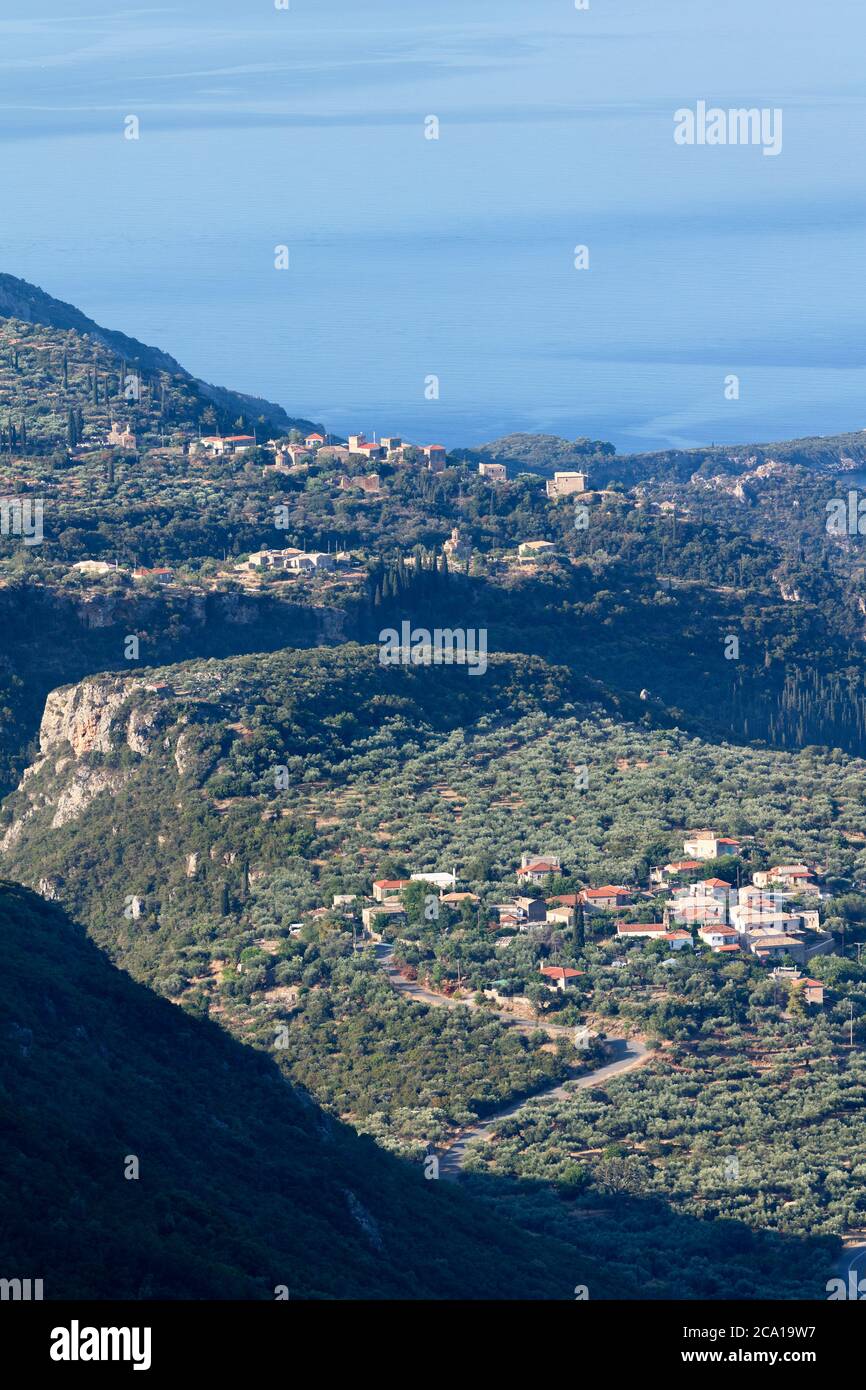 View of Kalives, Agia Sofia and Petrovouni villages on the Mani coastline in the Southern Peloponnese of Greece Stock Photo