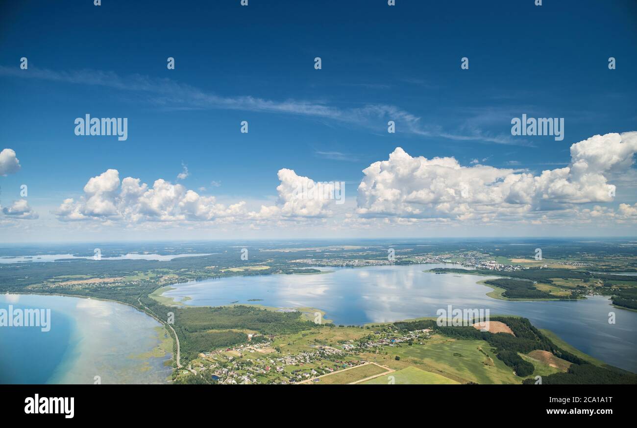 Naroch lake aerial drone view landscape in bright day Stock Photo