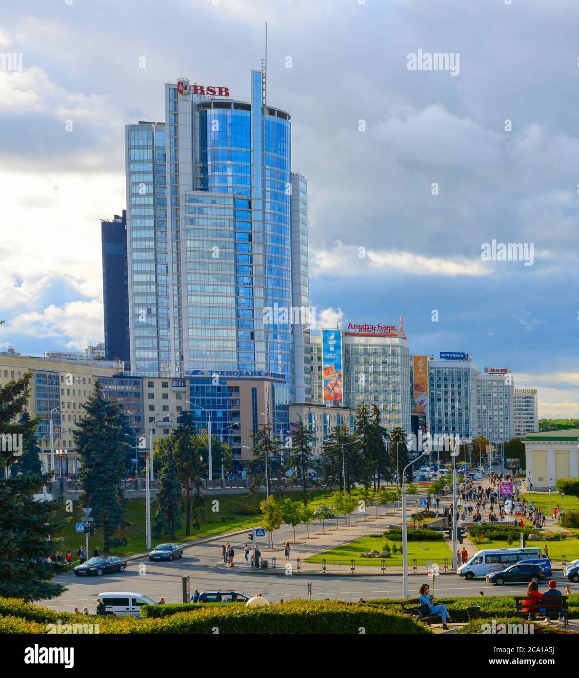 MINSK, BELARUS - JULY 17, 2019: Skyline of Minsk city center, road and modern architecture. Minsk - capital of Belarus Stock Photo