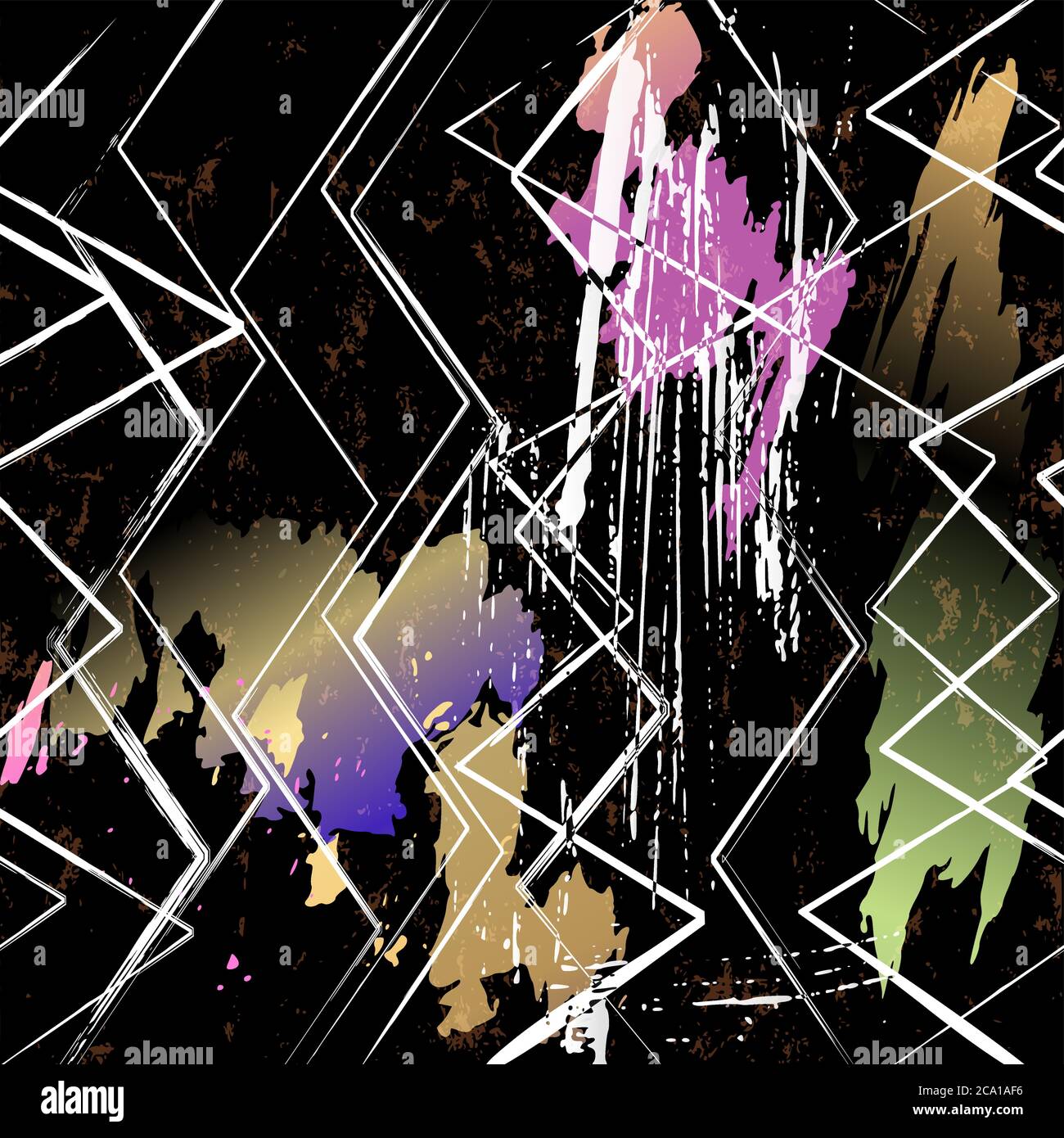 abstract geometric background pattern, with strokes and splashes, zigzag pattern, on black Stock Vector