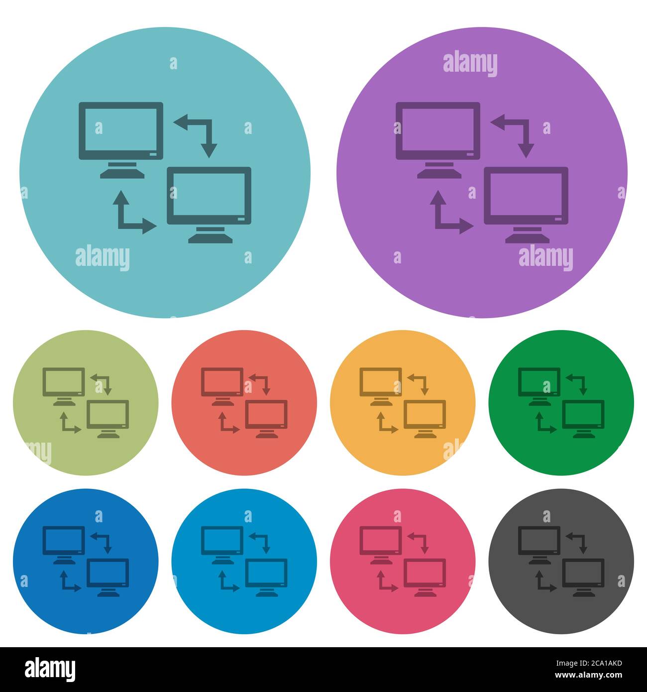 Data syncronization darker flat icons on color round background Stock Vector