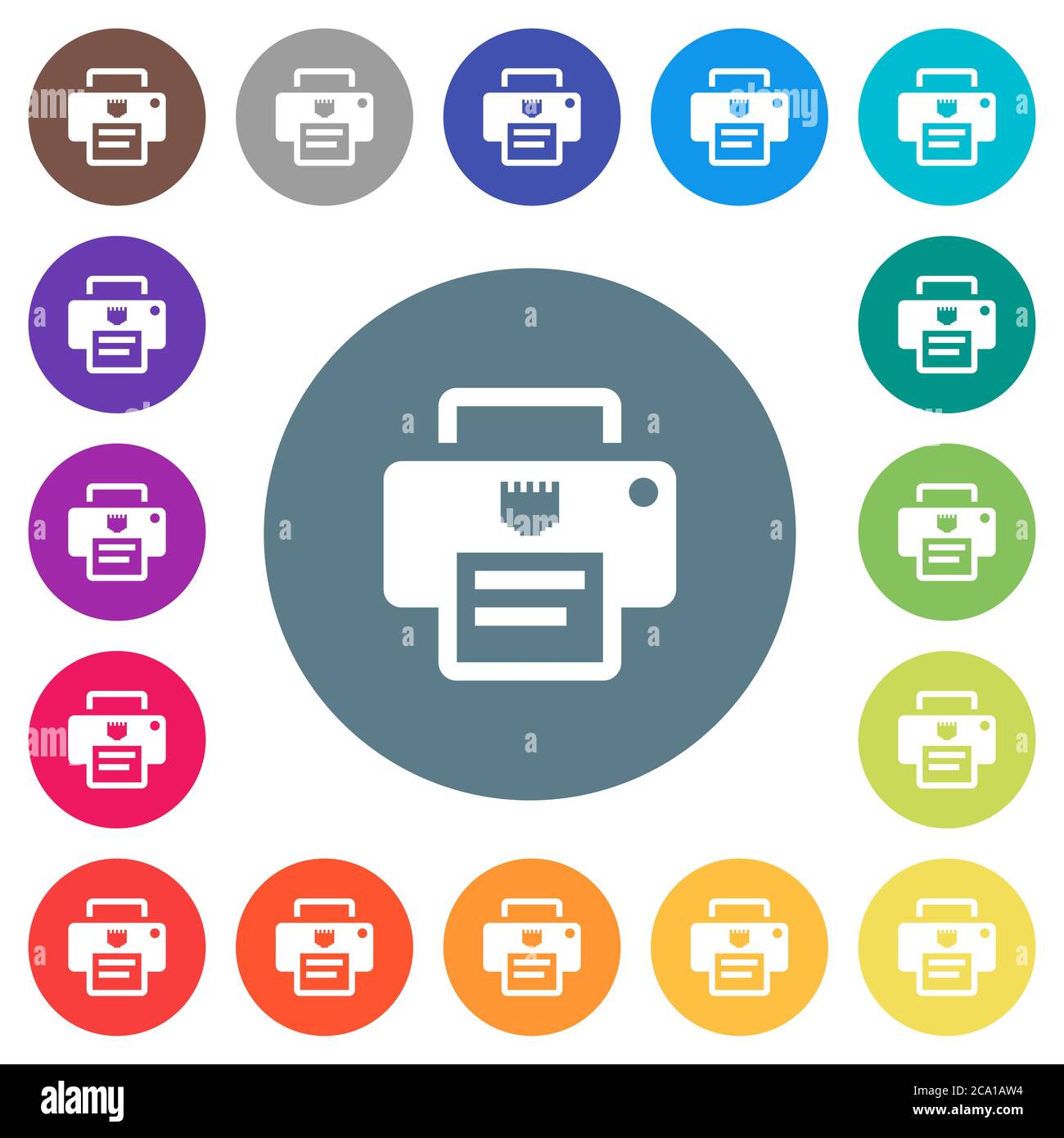 IP printer flat white icons on round color backgrounds. 17 background ...