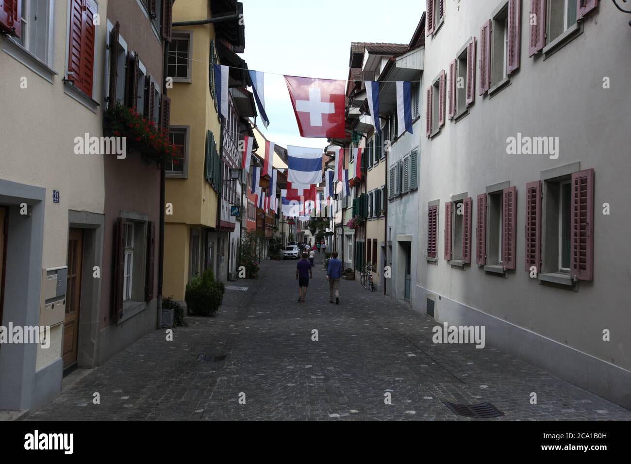 Zug / Switzerland - August 01 2016: Celebration of Swiss National Day (1st of August) in the city centre of Zug - old town, located at the lake Stock Photo