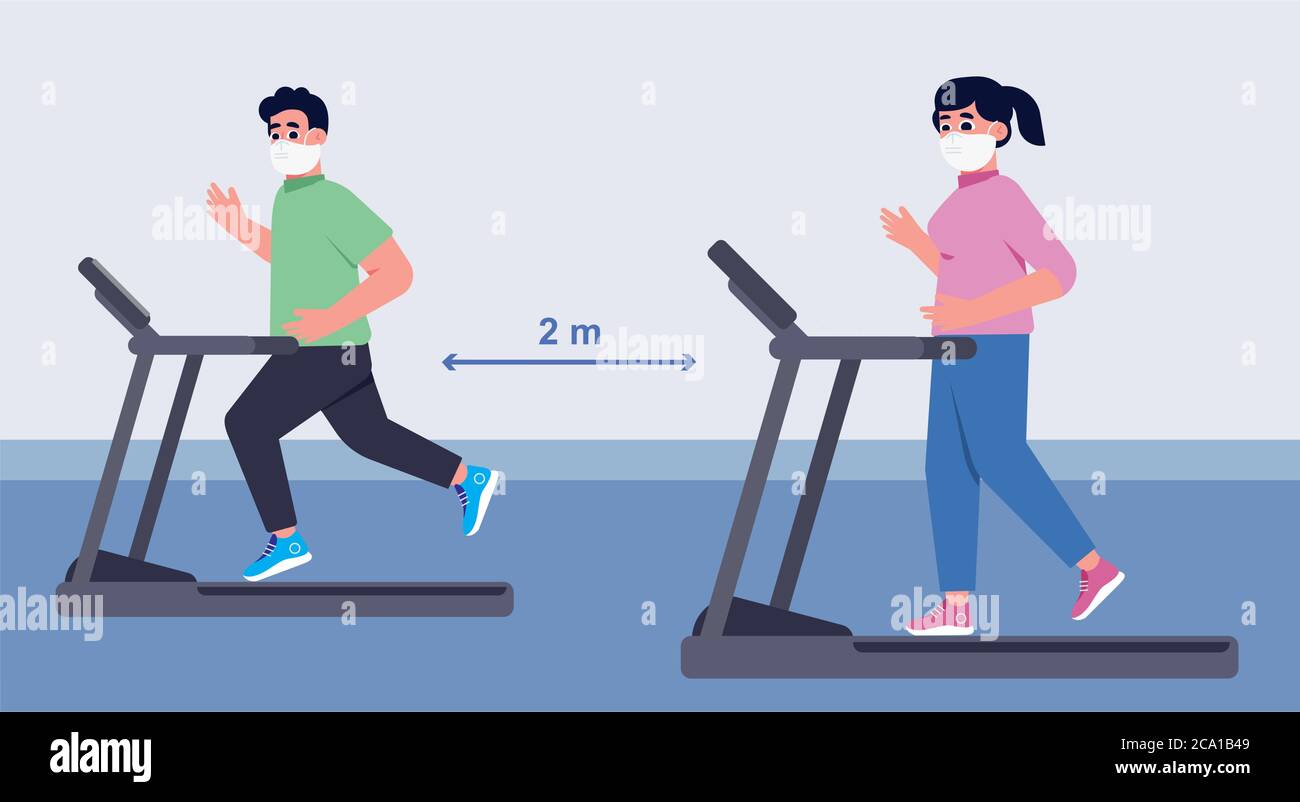 Social distance in New normal Concept, People men and women Exercising and have a medical face mask at Fitness Gym. prevent pandemic of corona virus o Stock Vector