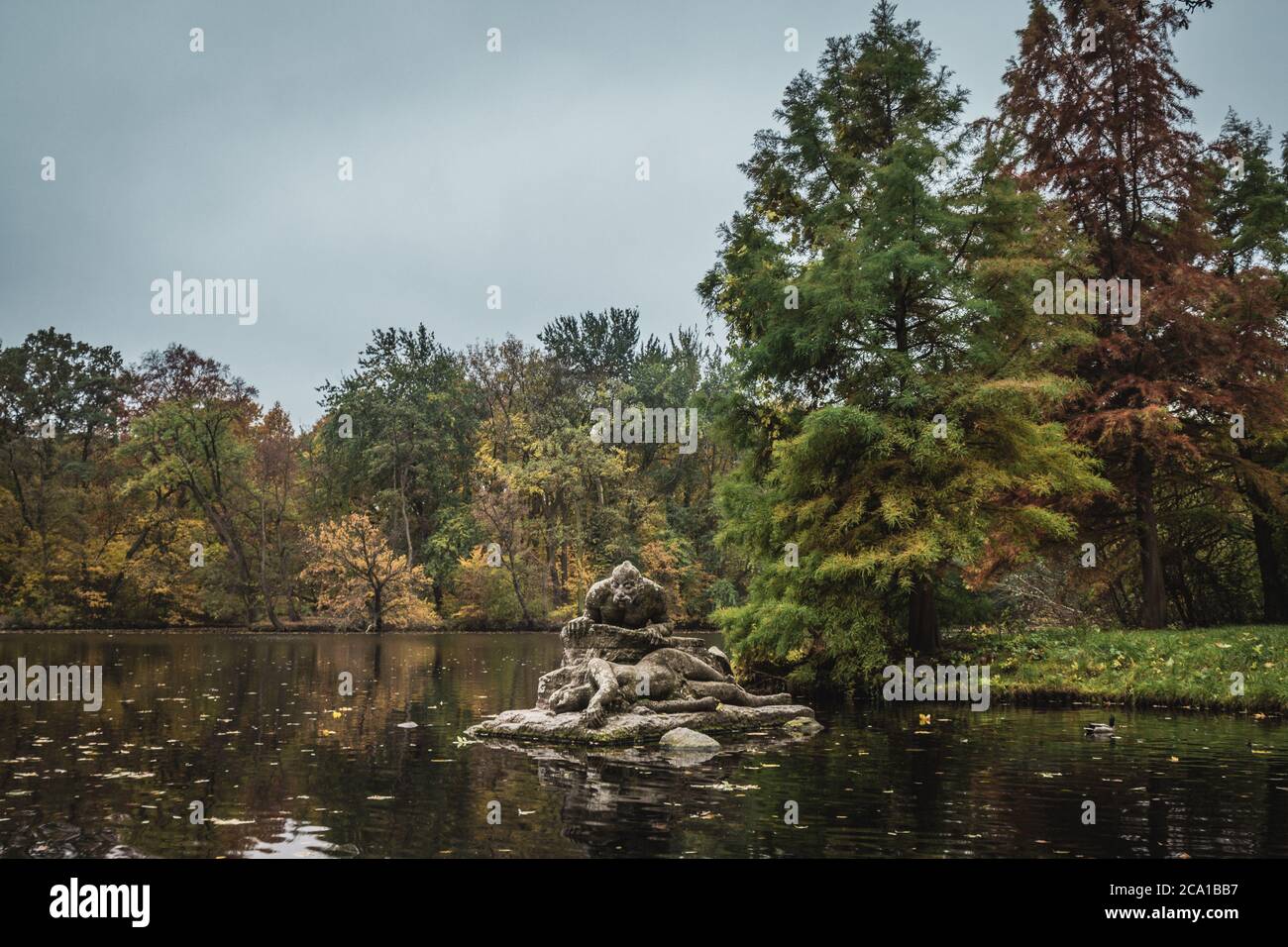Statue in a lake of Treptower Park in Berlin, Germany. Stock Photo