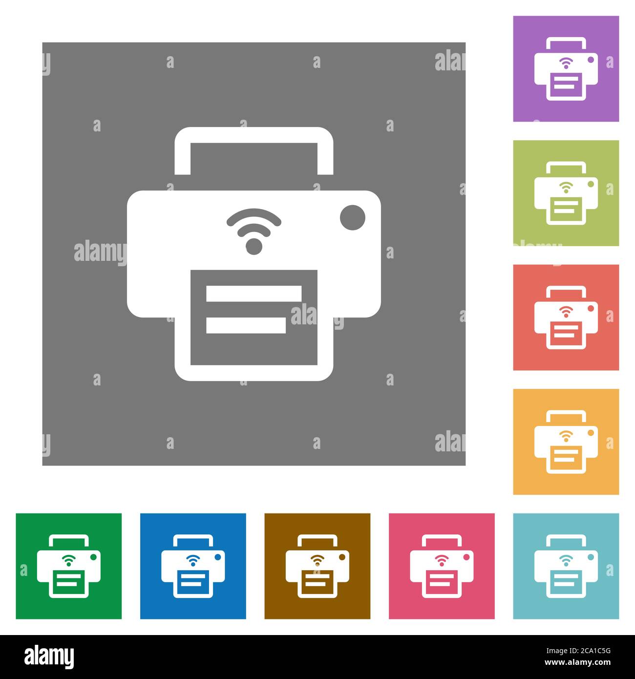 Wireless printer flat icons on simple color square backgrounds Stock Vector