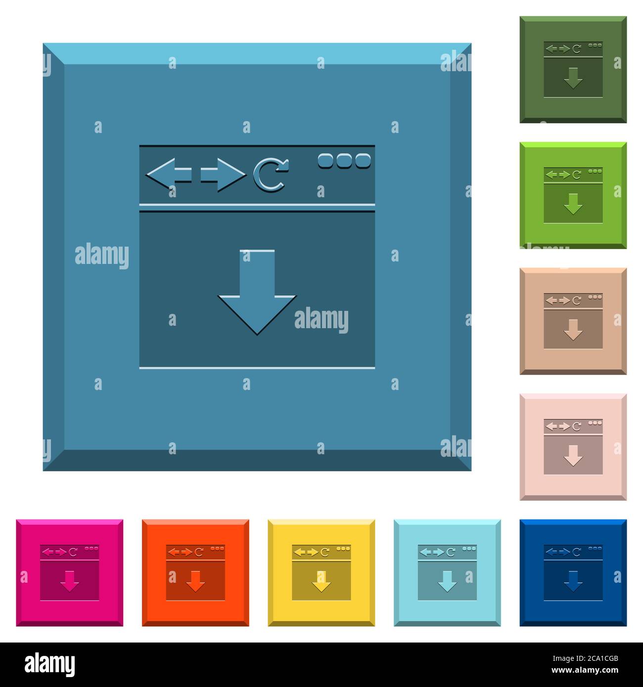 Browser scroll down engraved icons on edged square buttons in various trendy colors Stock Vector
