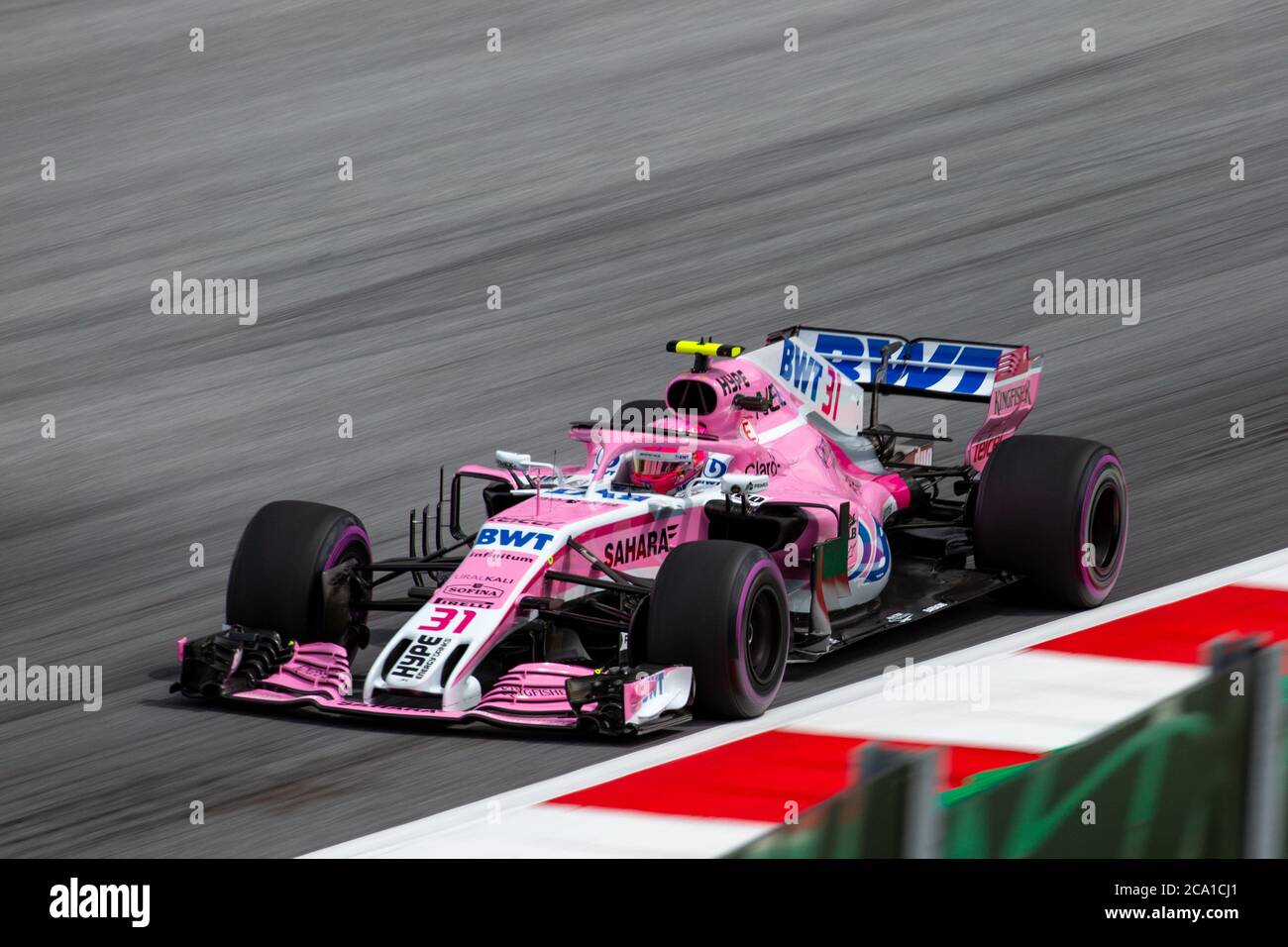 Esteban Ocon Driving his Force India VJM11 During Qualifying for the 2018 Austrian Grand Prix at the Red Bull Ring, Stock Photo