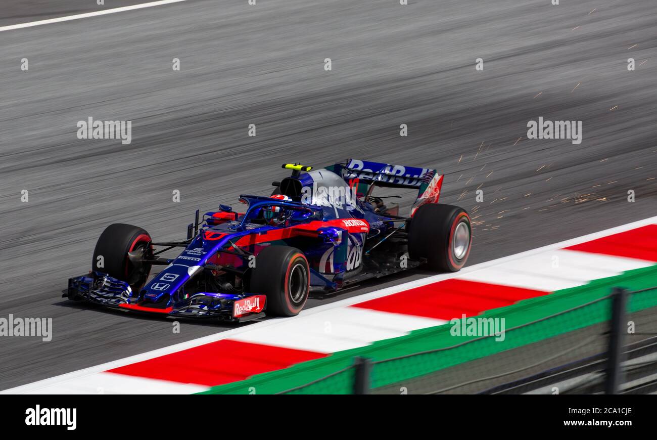 Pierre Gasly driving his Scuderia Toro Rosso STR13 F1 Car during qualifying for the 2018 Austrian Grand Prix at the Red Bull Ring. Stock Photo