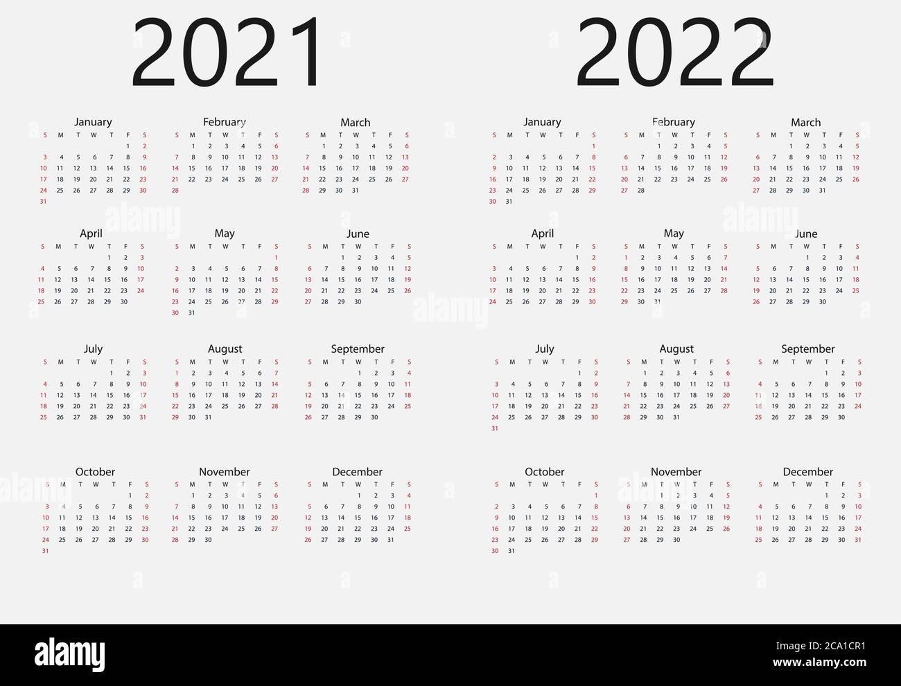 2021, 2022 calendar, week starts Sunday. Vector illustration, flat design. Stock Vector