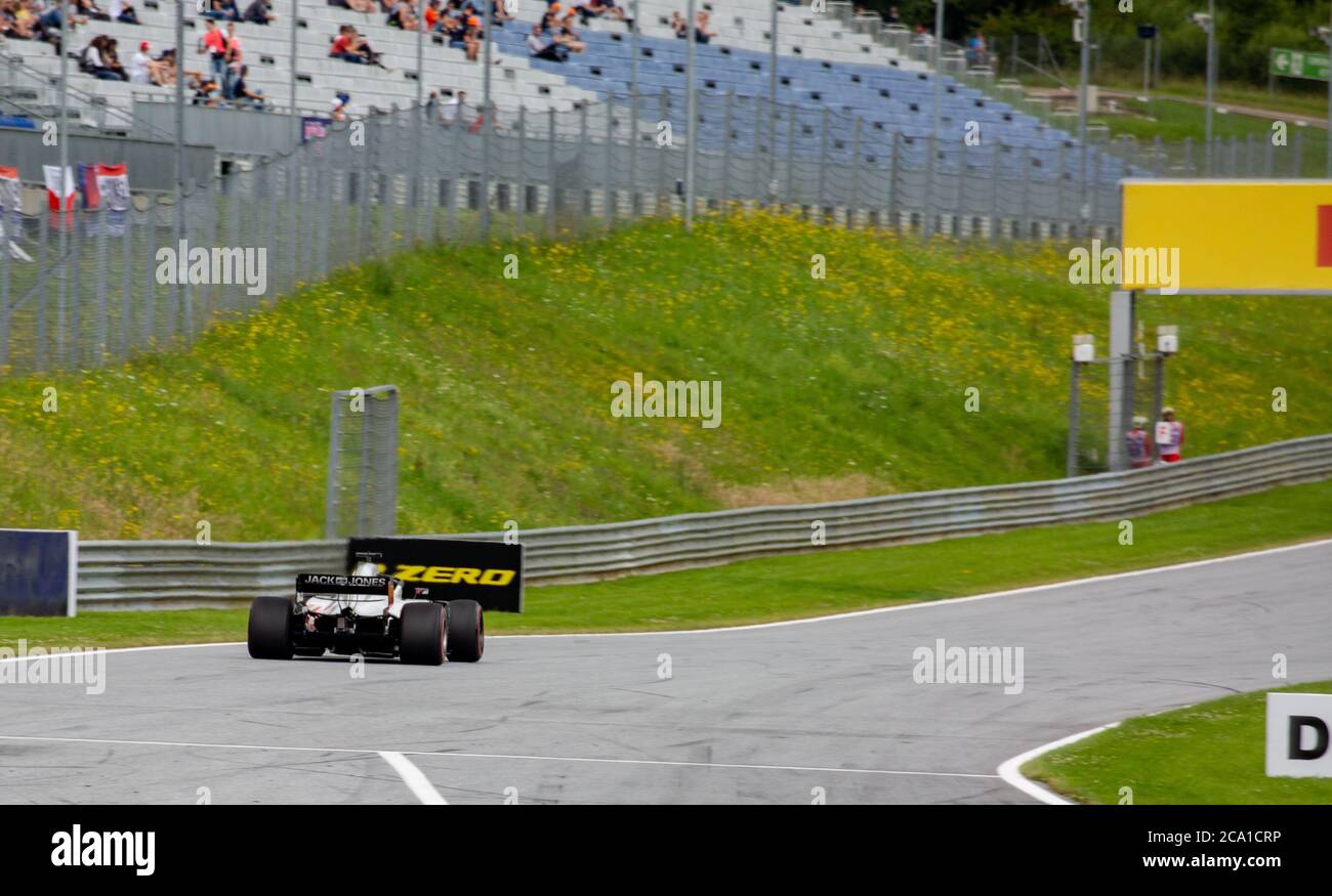 Kevin Magnussen in his Haas VF-18 Ferrari engined F1 car during qualifying of the 2018 Austrian Grand Prix at the Red Bull Ring. Stock Photo
