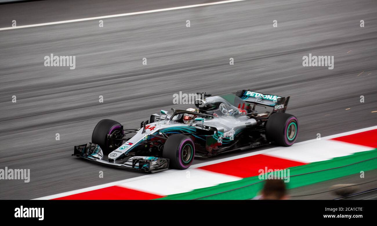 Lewis Hamilton in his Mercedes AMG F1 W08 EQ Power+ car during qualifying of the 2018 Austrian Grand Prix at the Red Bull Ring. Stock Photo