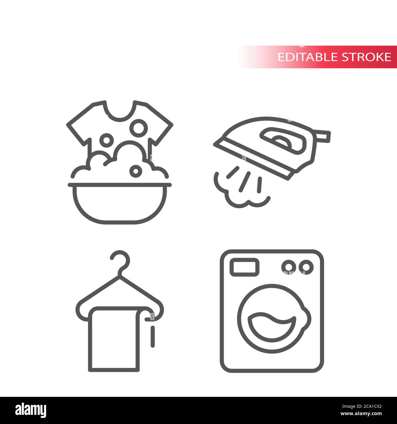 Laundry service thin line icon set. Iron with steam, dry cleaning, washing machine symbols. Outline, editable stroke icons. Stock Vector