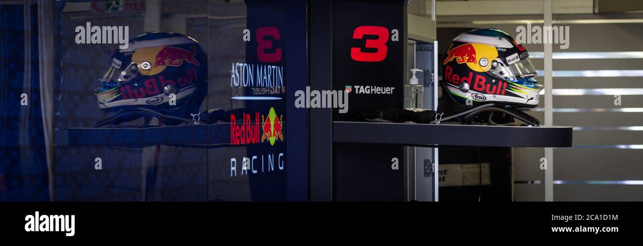 Daniel Ricciardo's Helmet, in the Red Bull pit garage at the Red Bull ring, Austria 2018 Stock Photo