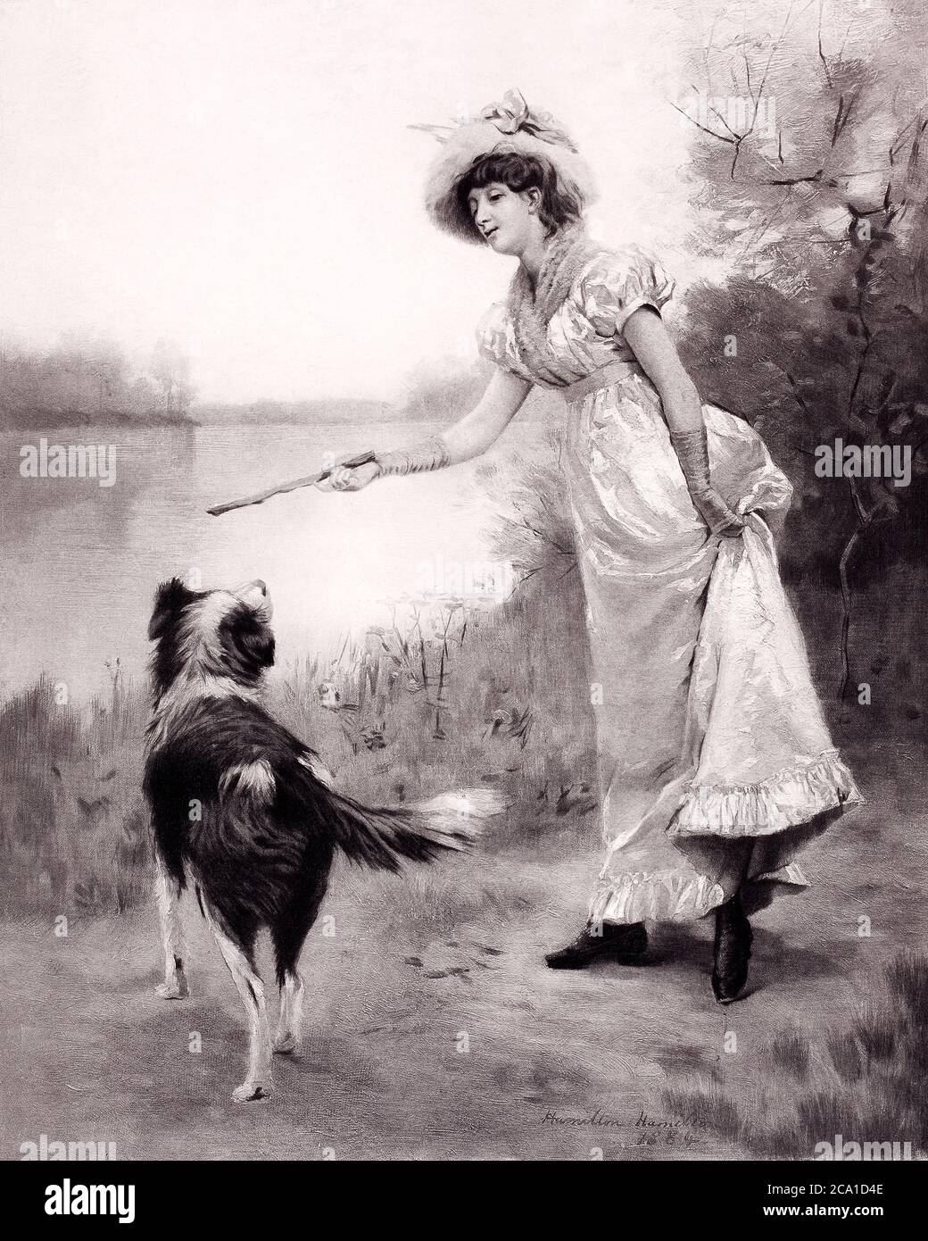 1890 photogravure of a Hamilton Hamilton painting with the caption, Fetch it Sir Stock Photo
