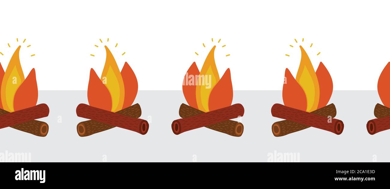 Campfire seamless vector border. Wood campfire pattern. Outdoor bonfire, fire burning wooden logs, camping fireplace. Firewood flames, bonfire flame Stock Vector