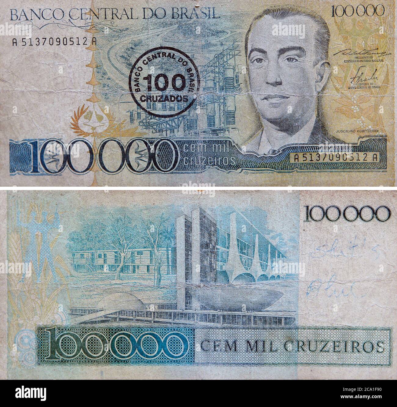 Banco Central Do Brasil 100 CEM Cruzeiros Note Over Stamp On 100 “CEM  CRUZEIROS”